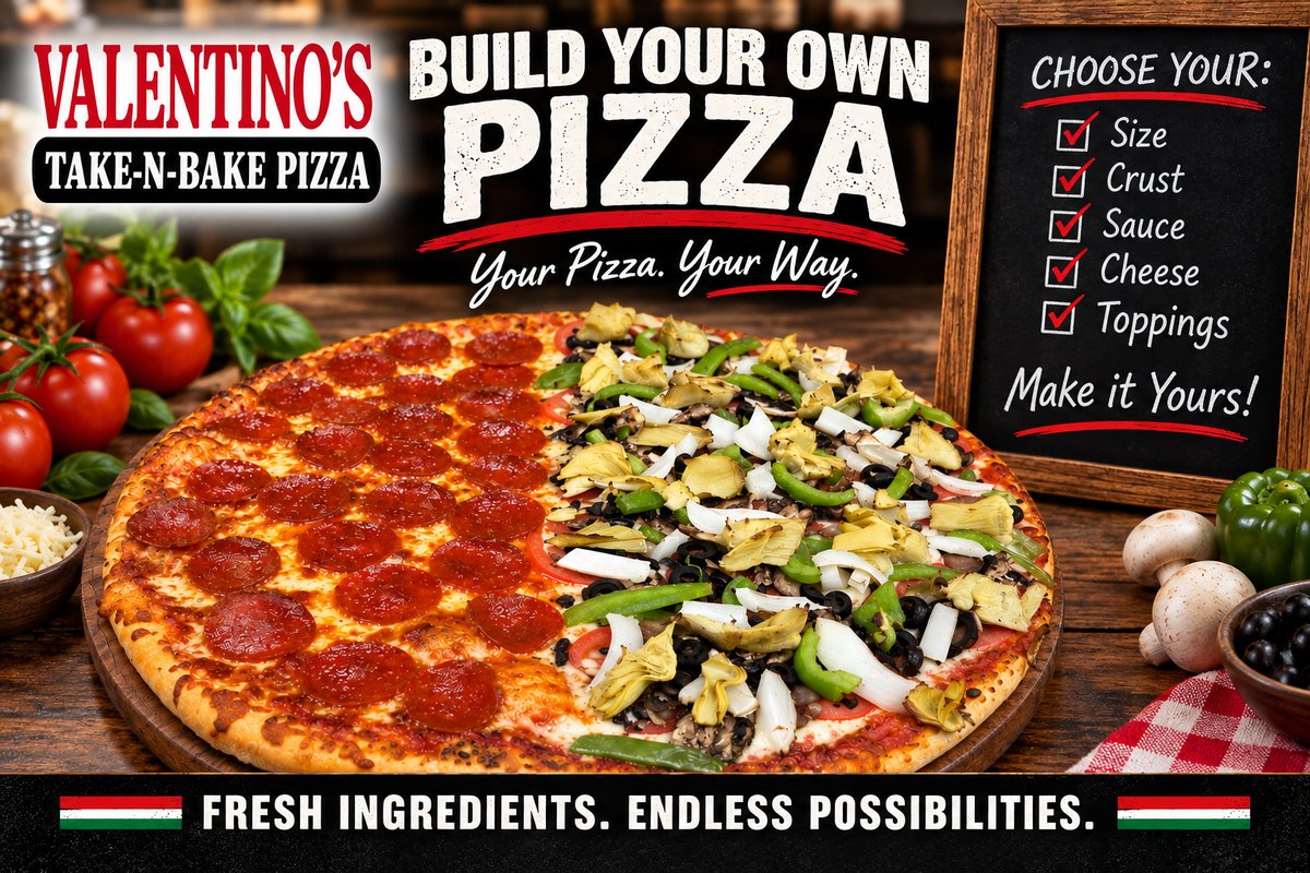 Build your own pizza: choose your size, crust, sauce, cheese, and toppings