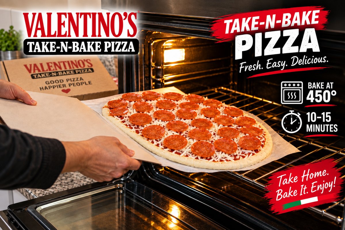 Take-n-Bake pepperoni pizza sliding into the oven on parchment, bakes at 450&deg; for 10-15 minutes